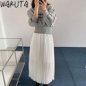 KNITTED LONG SLEEVE TOP WITH CHIFFON PLEATED WHITE SKIRT DRESS